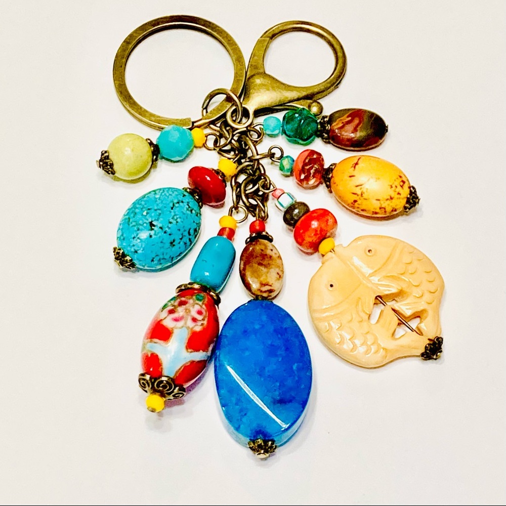 HAND-CARVED ARTISAN Key Chain Ring Bone Agate Jasper Cloisonné & Stone Accessory